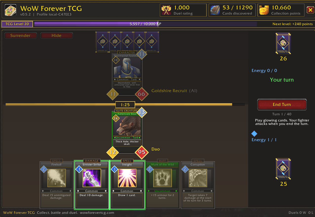 WoW Forever TCG duel screen inside World of Warcraft